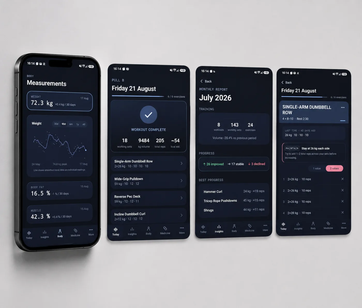 GymBro body measurements, workout completion summary, monthly insights report and exercise detail screens