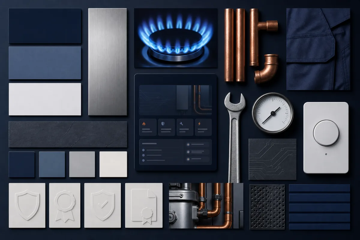 Material and color direction for ServisKotlovBB.sk: navy, steel and copper, with simple trust badges